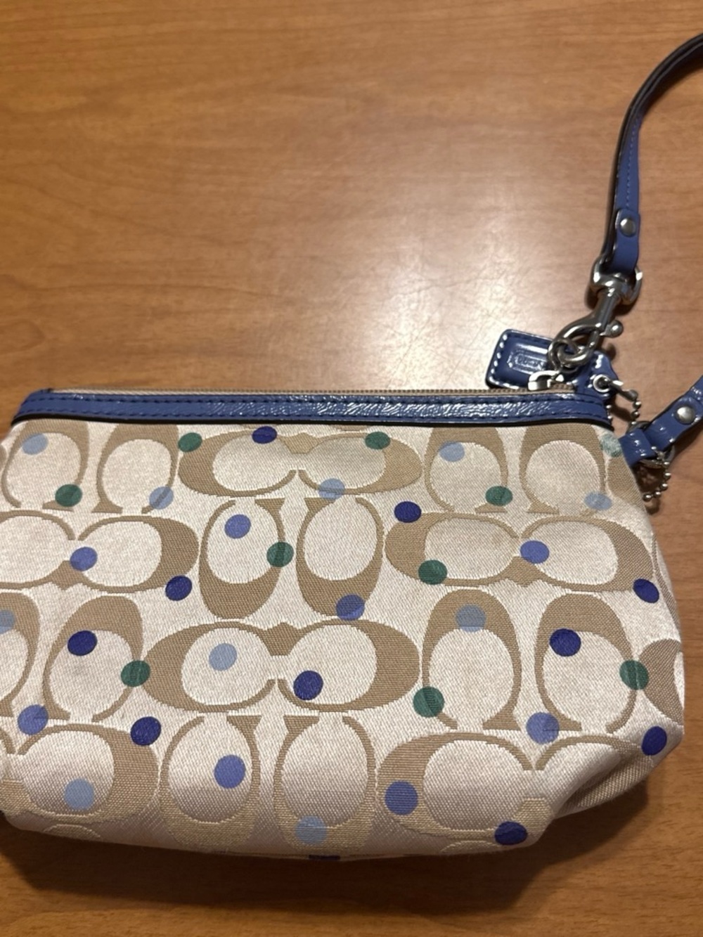 Coach Beige Signature Wristlet with Blue Trim and Multicolor Dots - Picture 3 of 5